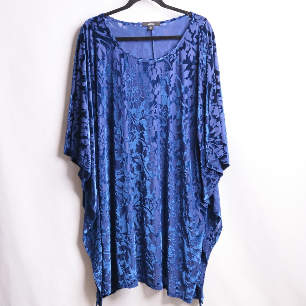 Ellos Womens Blue Burnout Velvet Floral Kaftan Kimono Tunic Top Plus Size 1X